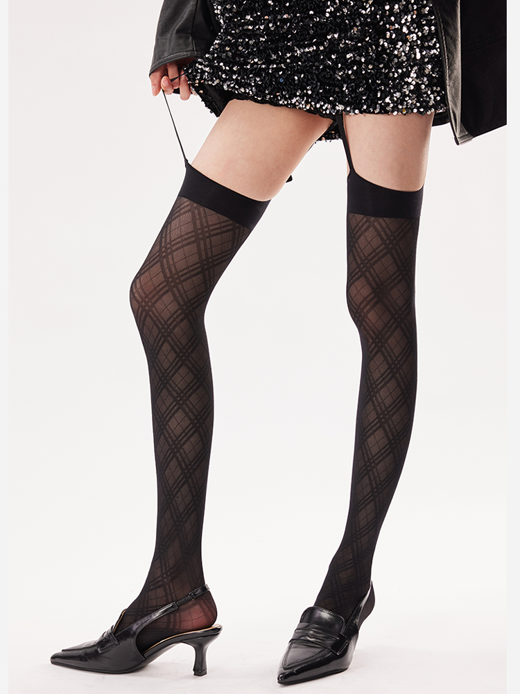 Spicy Diamond Pattern Lace Suspender Pantyhose Thigh-High One-Piece Stockings - Yangma