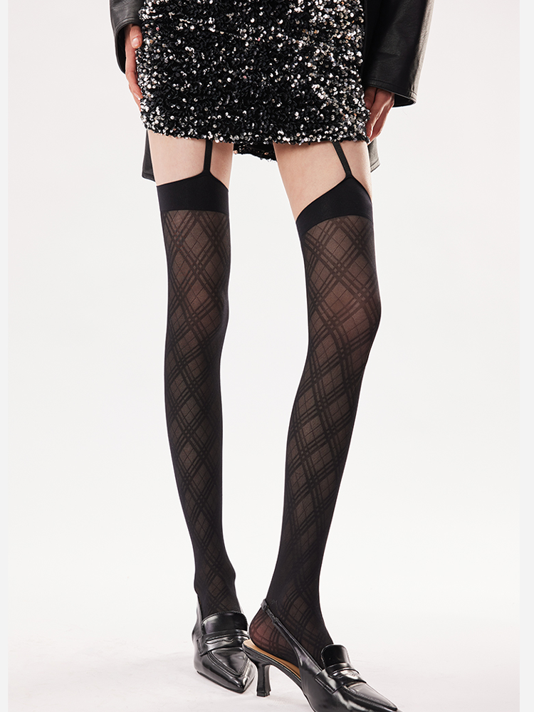 Spicy Diamond Pattern Lace Suspender Pantyhose Thigh-High One-Piece Stockings - Yangma