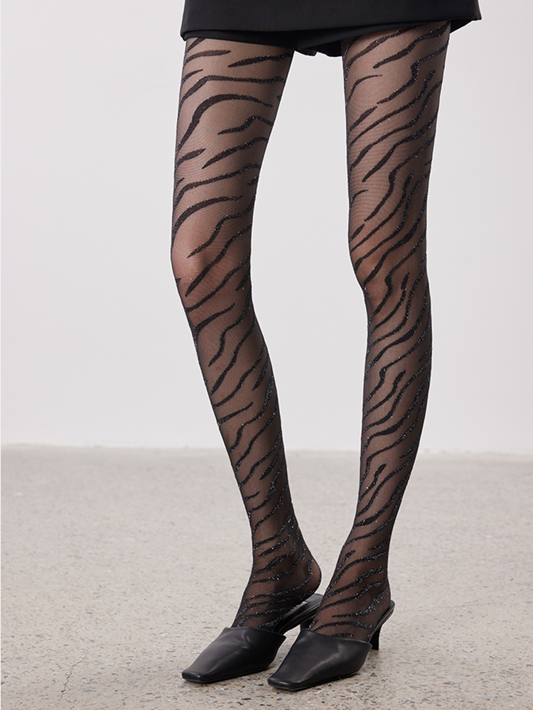 Ultra-Thin Black Pantyhose with Zebra Leopard Print Shiny Threads Tights - Yangma