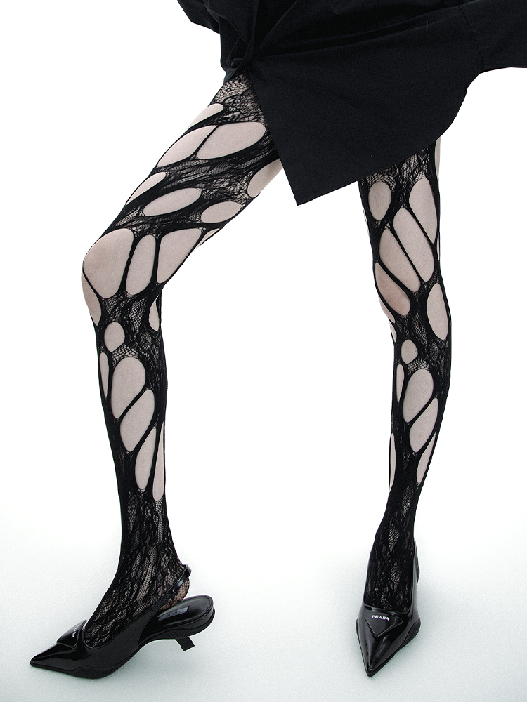 Funky Hollow Distressed Ripped Dark Aesthetic Fishnet Tights - Yangma