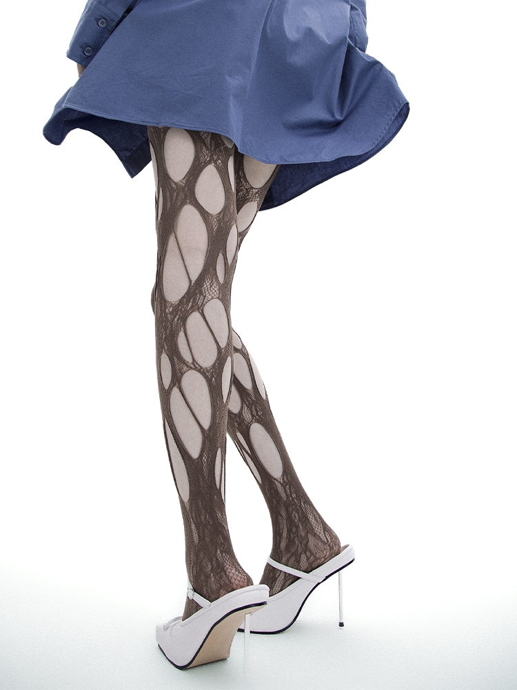 Funky Hollow Distressed Ripped Dark Aesthetic Fishnet Tights - Yangma