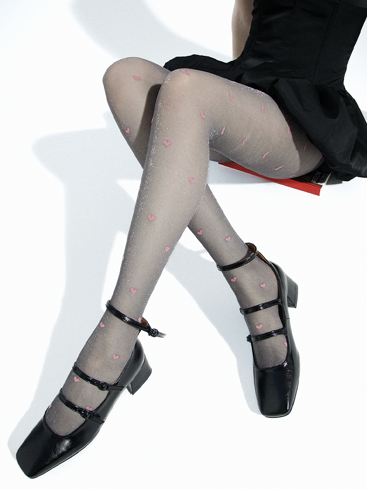 Sheer Gold and Silver Glitter Heart Polka Dot Pantyhose - Yangma