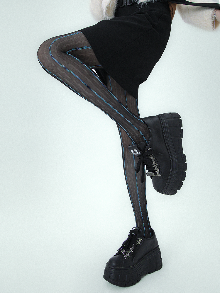 Y2K Heart Chain Striped Gray-Purple Melange Brown Pantyhose Tights - Yangma