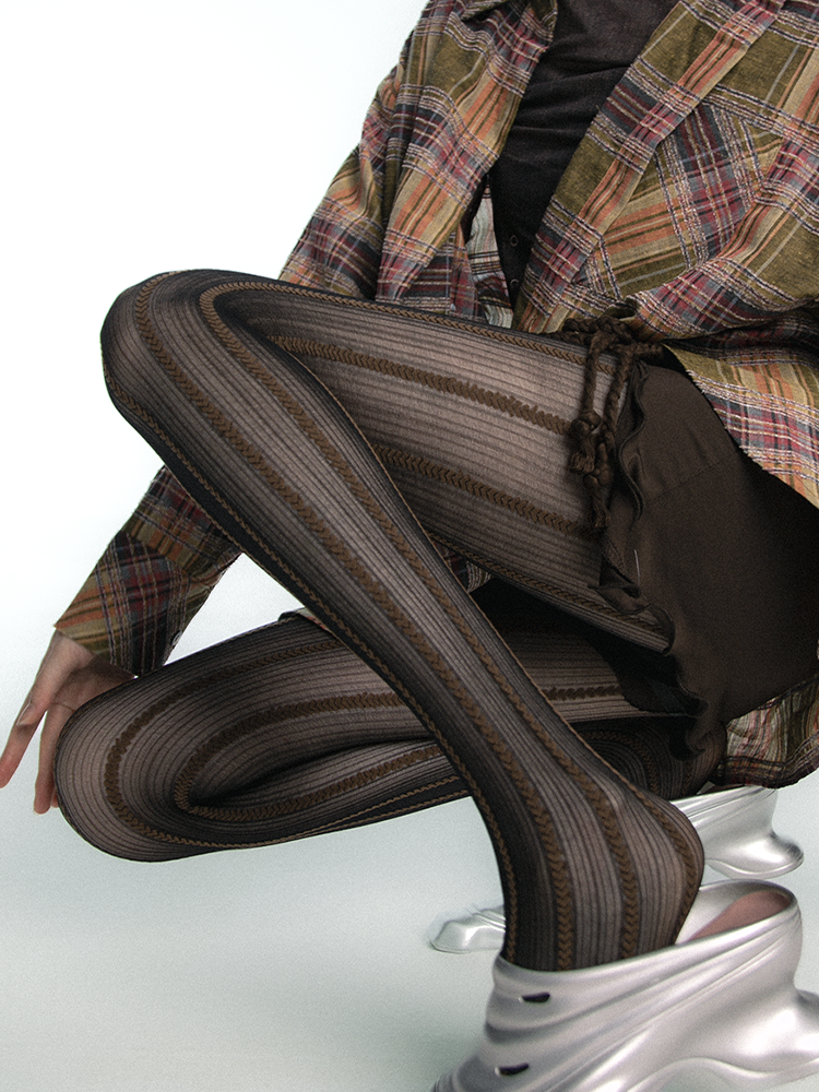 Y2K Heart Chain Striped Gray-Purple Melange Brown Pantyhose Tights - Yangma