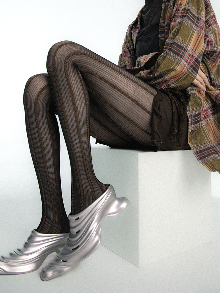 Y2K Heart Chain Striped Gray-Purple Melange Brown Pantyhose Tights - Yangma