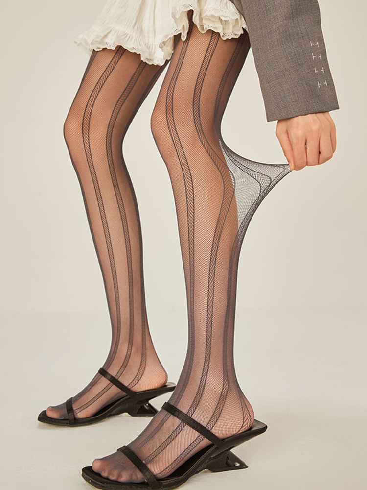 Sheer Lace Pantyhose with Vertical Striped Fishnet Design - Yangma