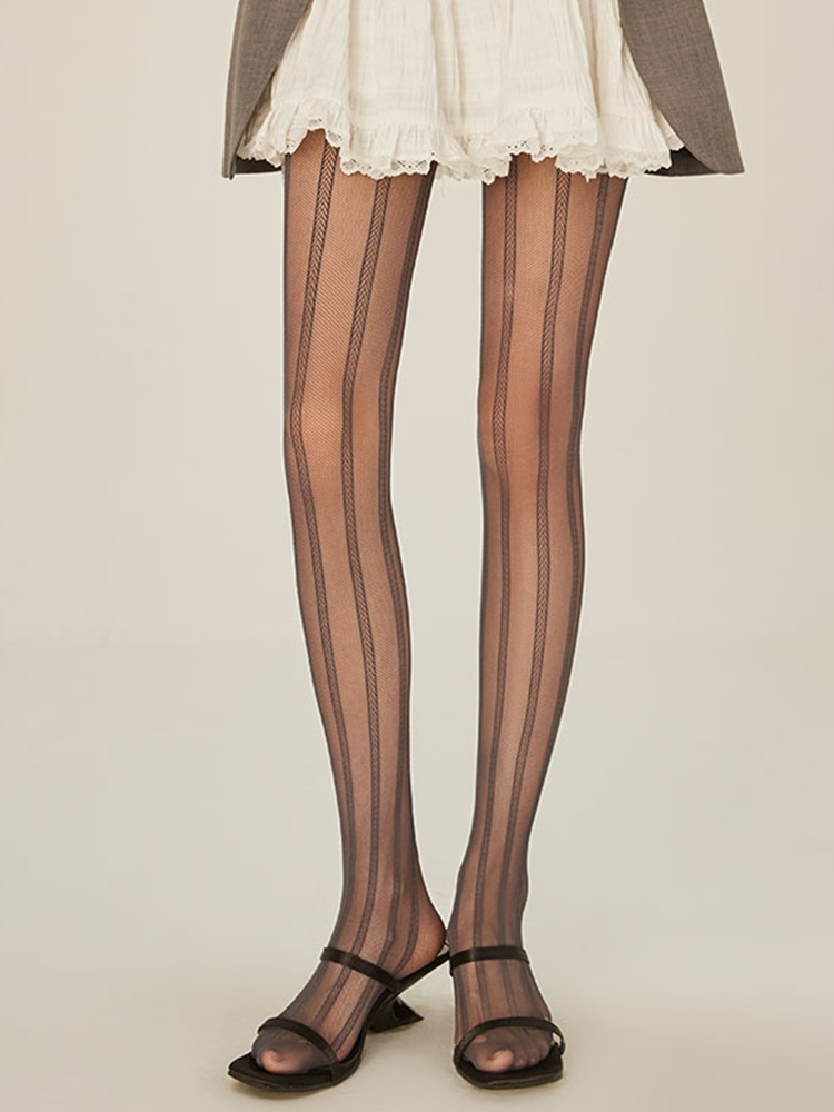 Sheer Lace Pantyhose with Vertical Striped Fishnet Design - Yangma