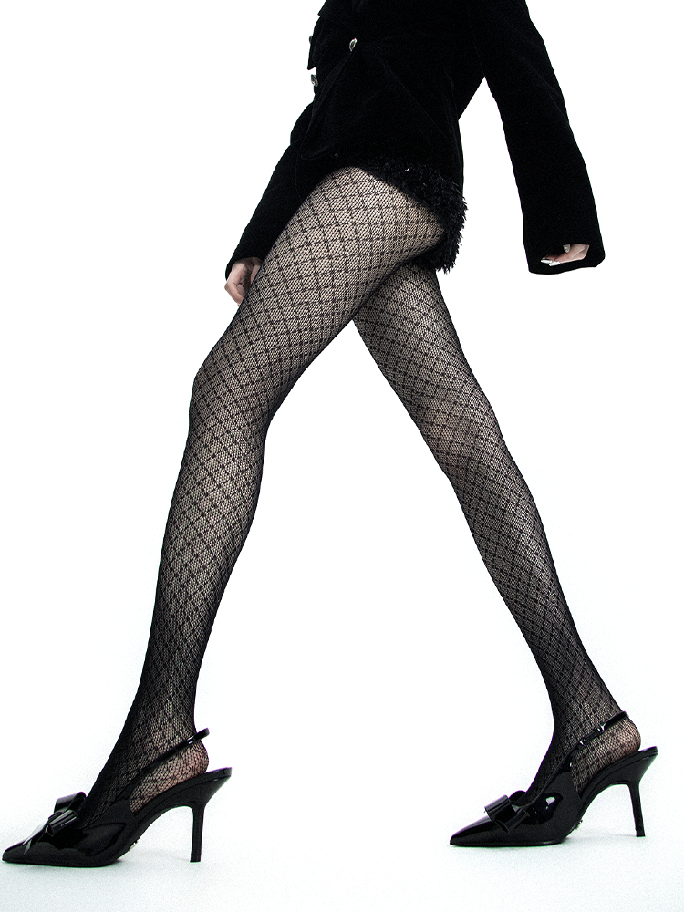 Sheer Ash Gray High-End Grid Jacquard Pantyhose - Yangma