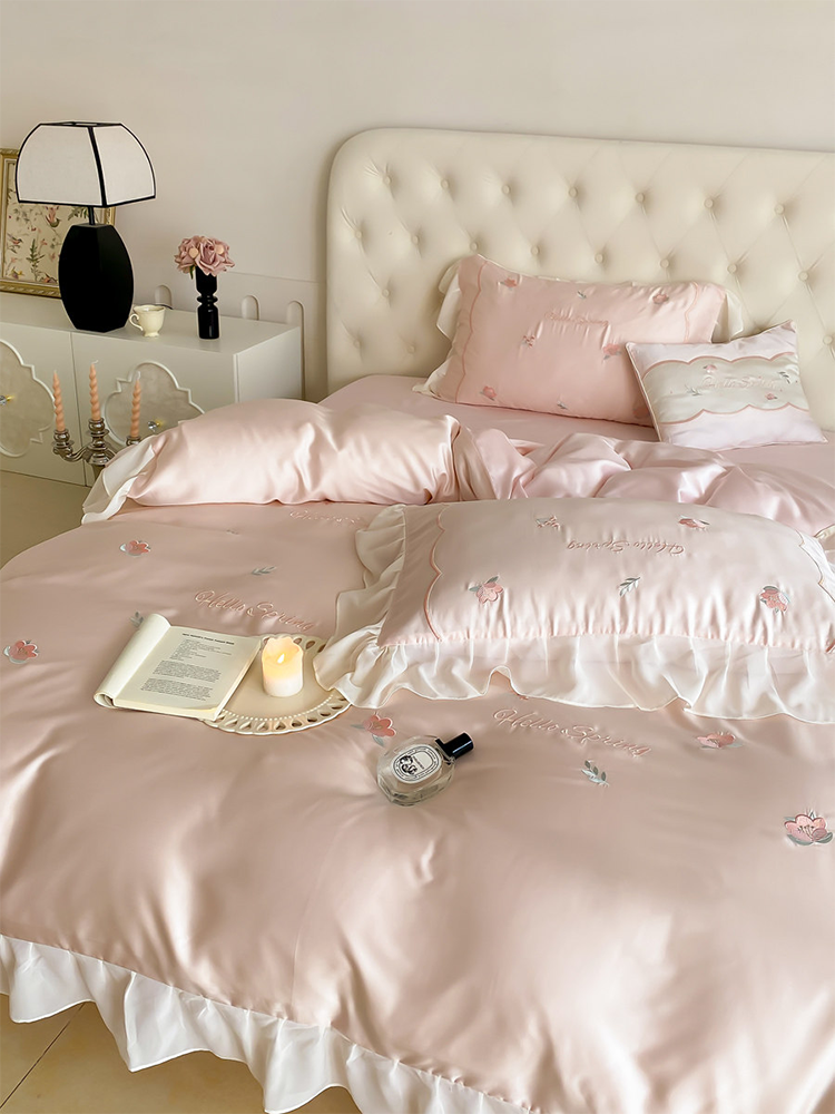 Luxury Tencel Bedding Set Cooling Silky Lace Flat Sheet