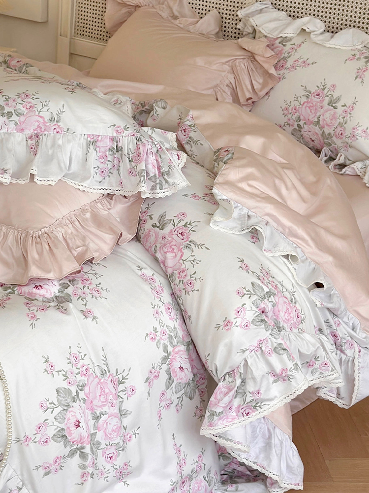 French Floral Cotton Bedding Set Romantic Lace Flat Sheet