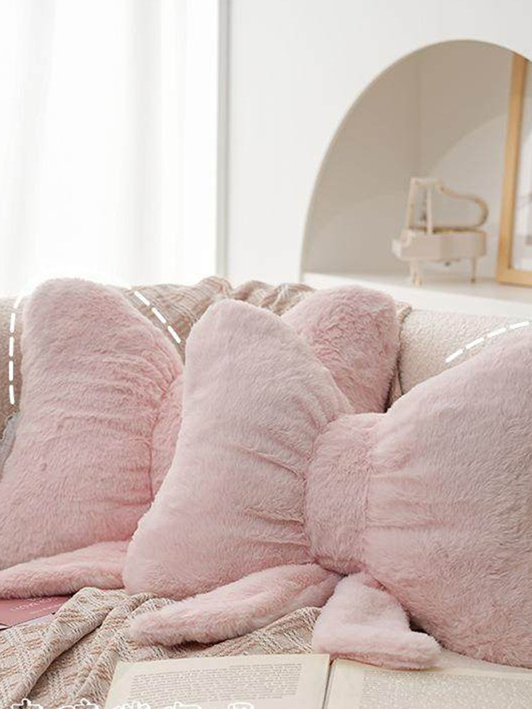Cute Bow Faux Rabbit Fur Throw Pillow Soft Plush