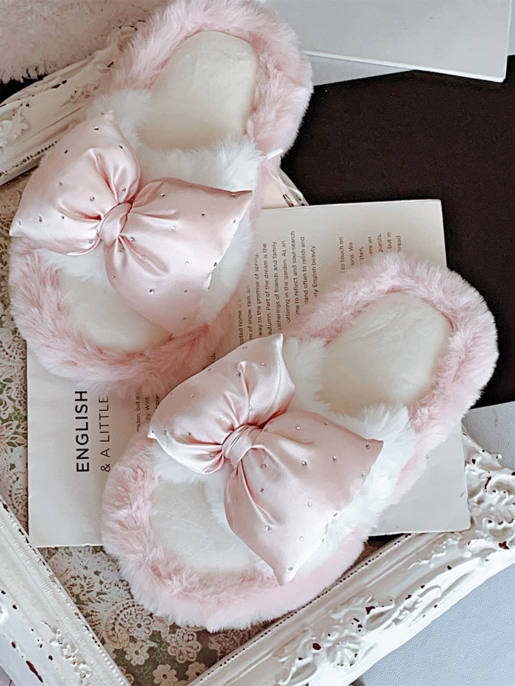 French Elegant Bow Fuzzy House Slippers Winter Soft Sole Non Slip Warm