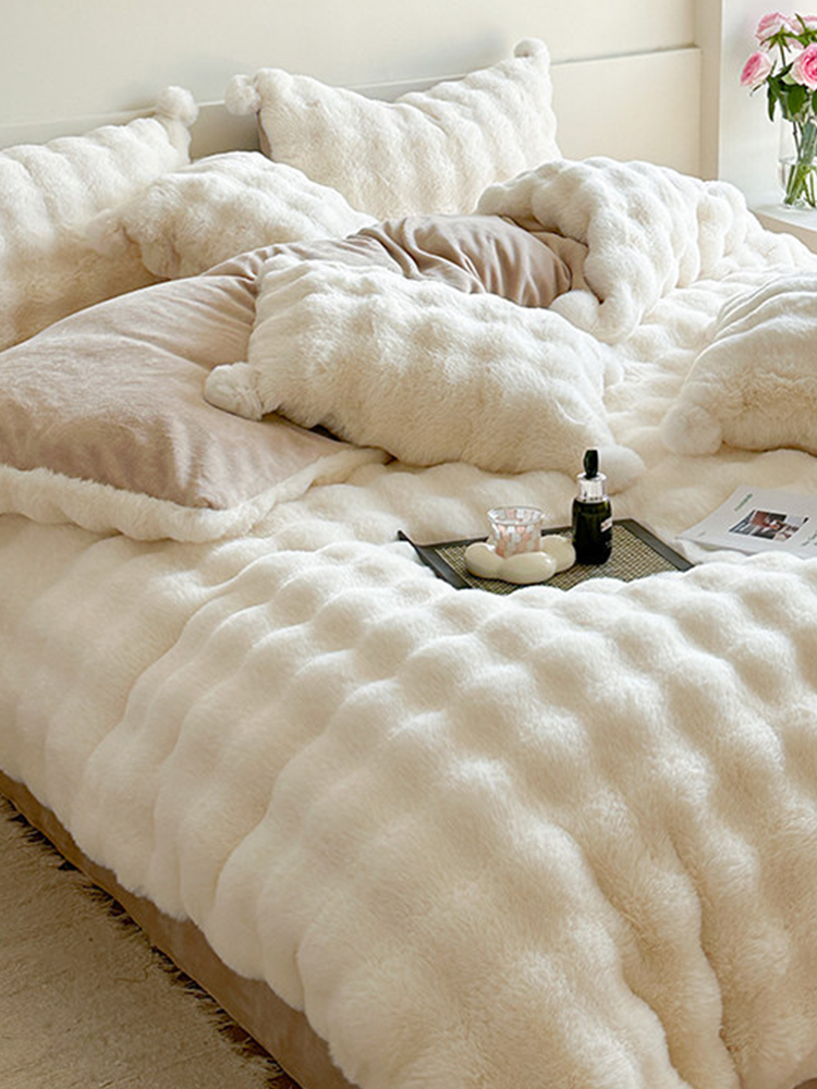 Minimalist Winter Faux Rabbit Fur Bedding Set Flat Sheet
