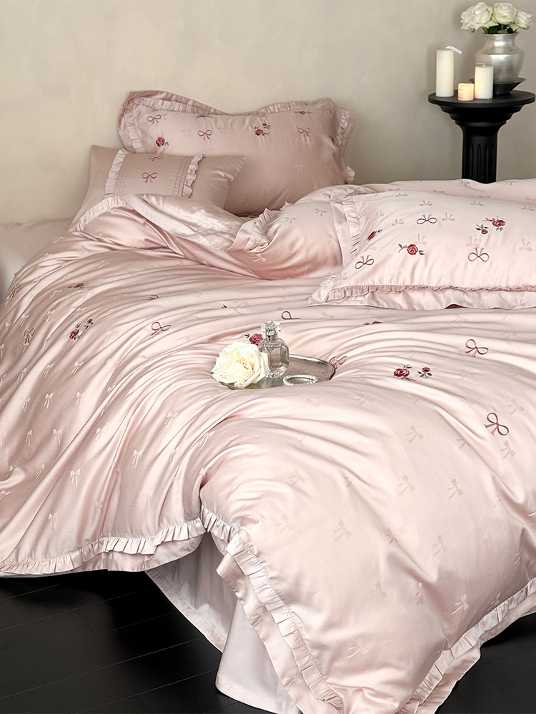 Fresh Bow Jacquard Tencel Cotton Blend Bedding Set Rose Embroidered Flat Sheet