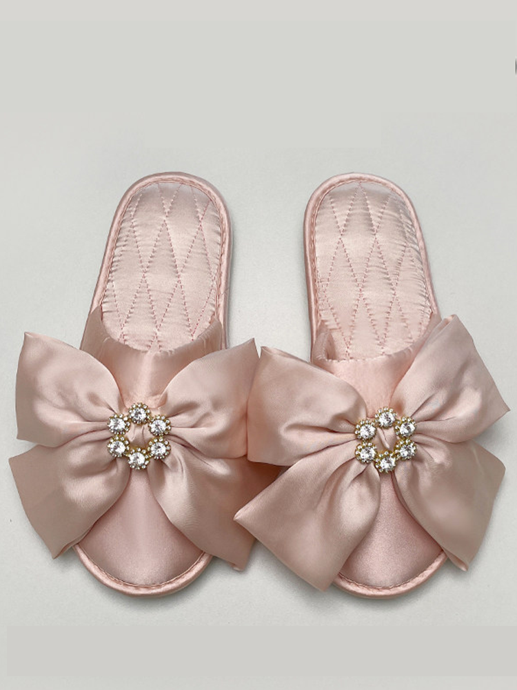 Luxury Rhinestone Bow Satin Closed-Toe House Slippers