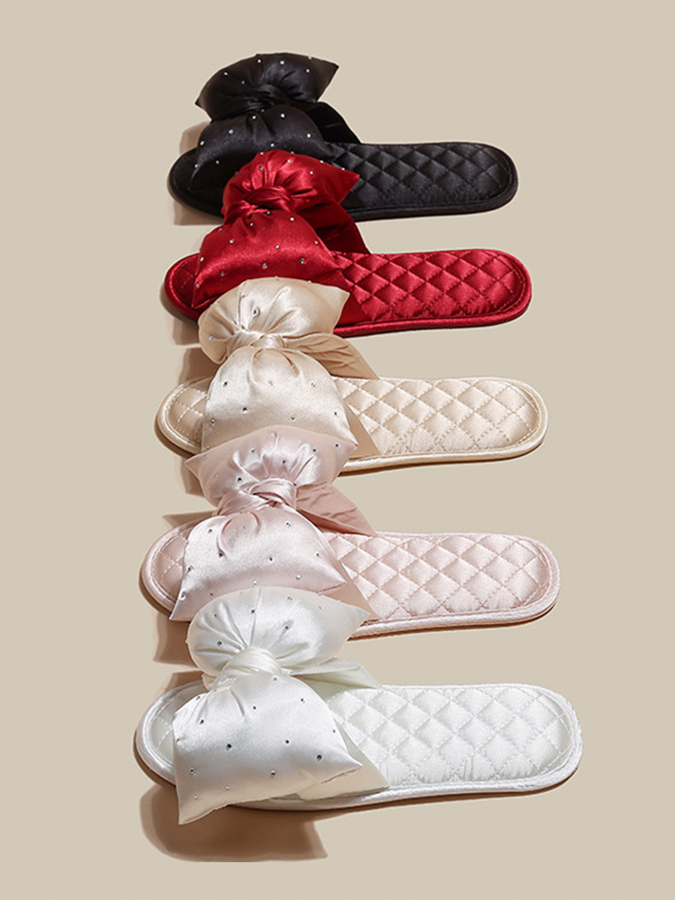 Cute Satin Bow House Slippers Soft Sole Non Slip Indoor