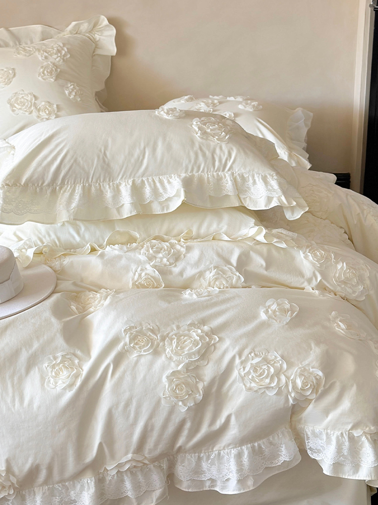 French Romantic Cotton Bedding Set 3D Floral Princess Lace Flat Sheet