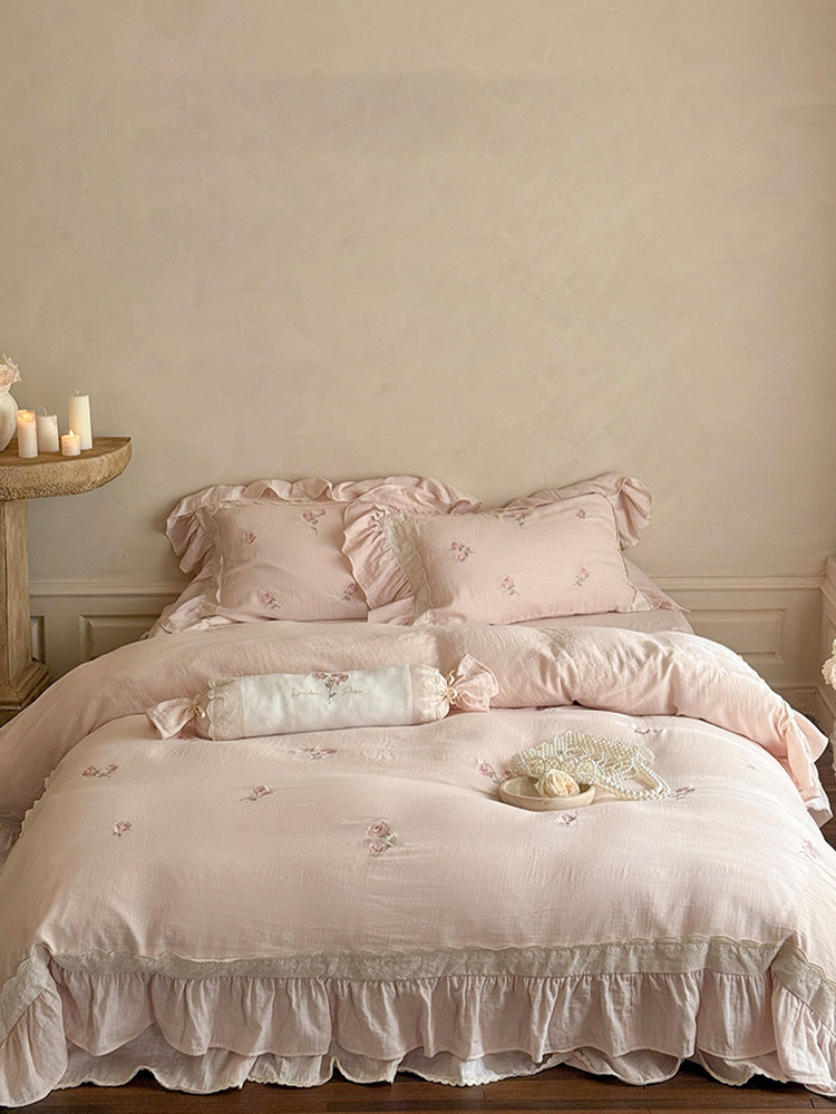 French Princess Bedding Set Double Layer Cotton Gauze Flat Sheet Bed Skirt