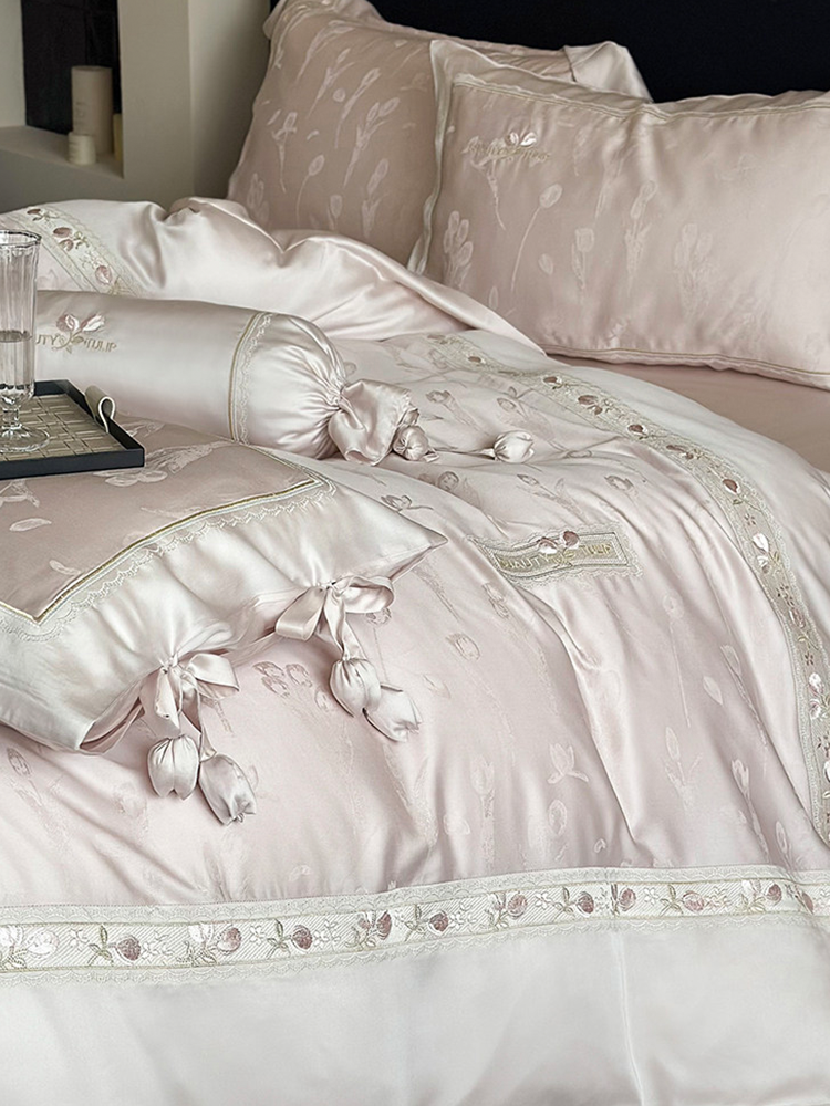 Luxury Princess Tencel Cotton Blend Bedding Set Jacquard Embroidered Flat Sheet