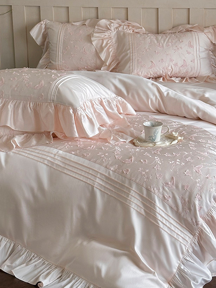 French Sweet Tencel Cotton Blend Bedding Set Butterfly Embroidered Flat Sheet