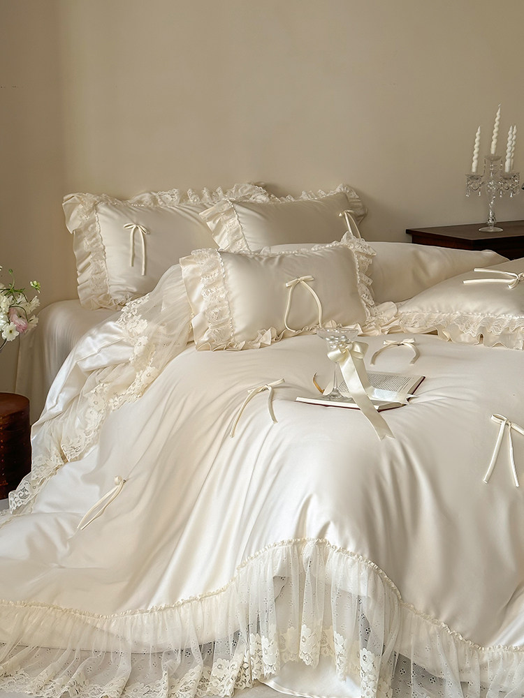 Tencel Cotton Blend Bedding Set Handcrafted Bow Lace Flat Sheet