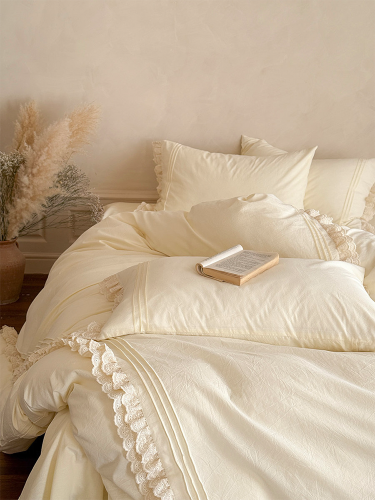 Light Luxury Washed Cotton Bedding Set Elegant Lace Flat Sheet