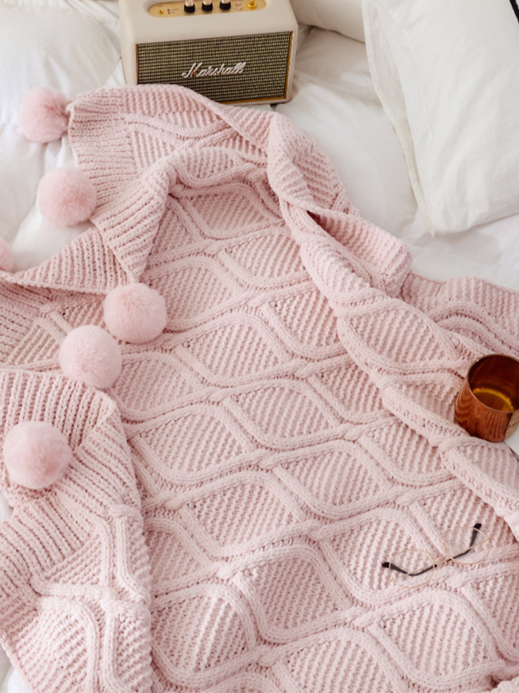 Minimalist Knitted Pom Pom Throw Blanket