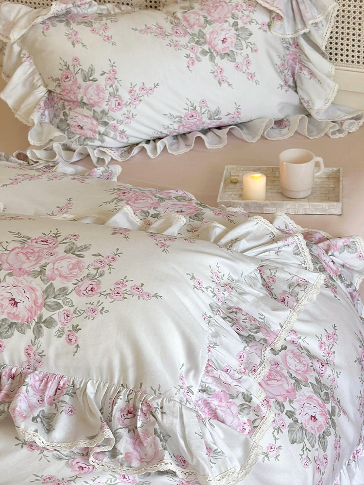 French Floral Cotton Bedding Set Romantic Lace Flat Sheet