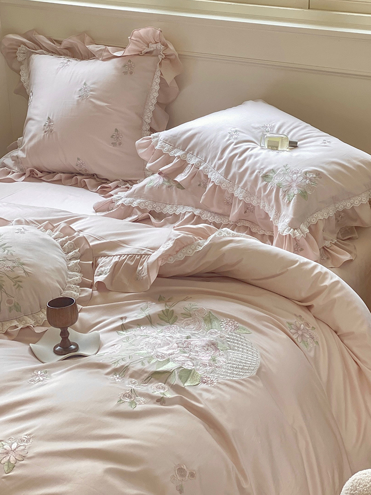 French Romantic Long Staple Cotton Bedding Set Princess Lace Flat Sheet