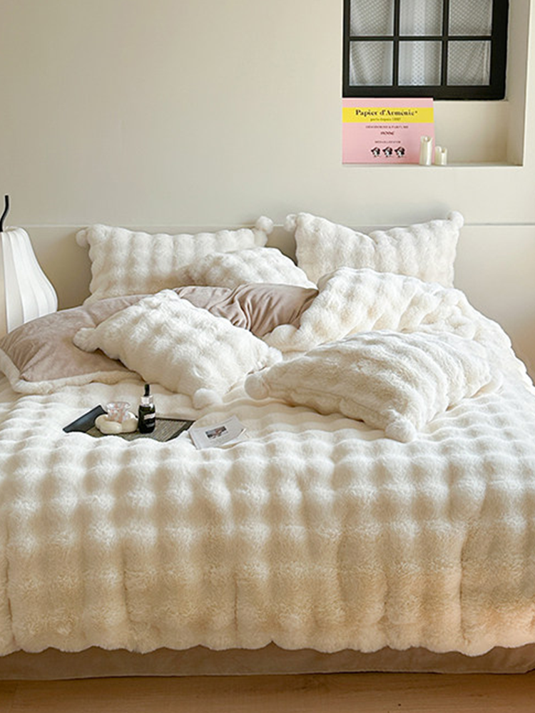 Minimalist Winter Faux Rabbit Fur Bedding Set Flat Sheet