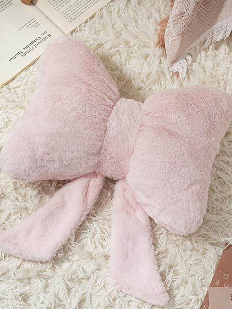 Cute Bow Faux Rabbit Fur Throw Pillow Soft Plush
