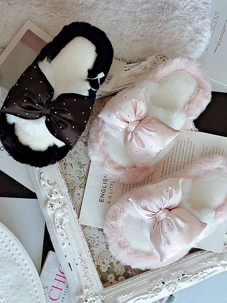 French Elegant Bow Fuzzy House Slippers Winter Soft Sole Non Slip Warm