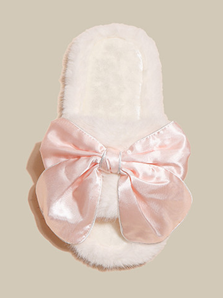 Cute Bow Fuzzy House Slippers Winter Soft Sole Non Slip Warm
