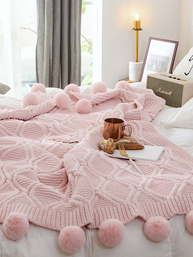 Minimalist Knitted Pom Pom Throw Blanket