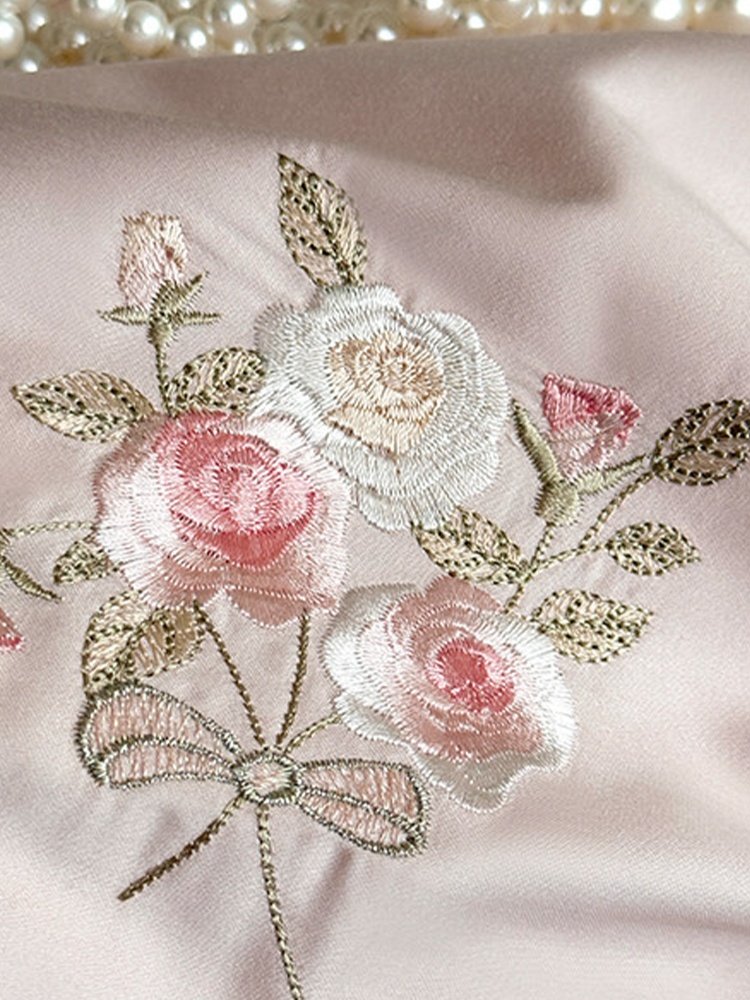 Pink Cotton Bedding Set Princess Rose Embroidered Flat Sheet