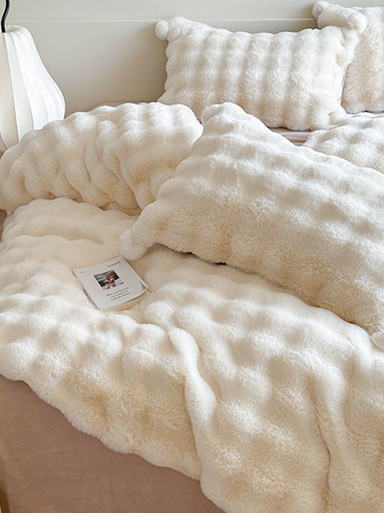 Minimalist Winter Faux Rabbit Fur Bedding Set Flat Sheet