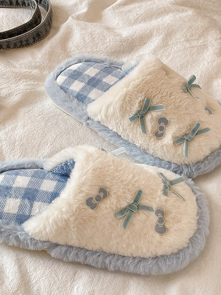 Cute Bow Plaid Closed-Toe Fuzzy House Slippers Winter Non Slip Warm