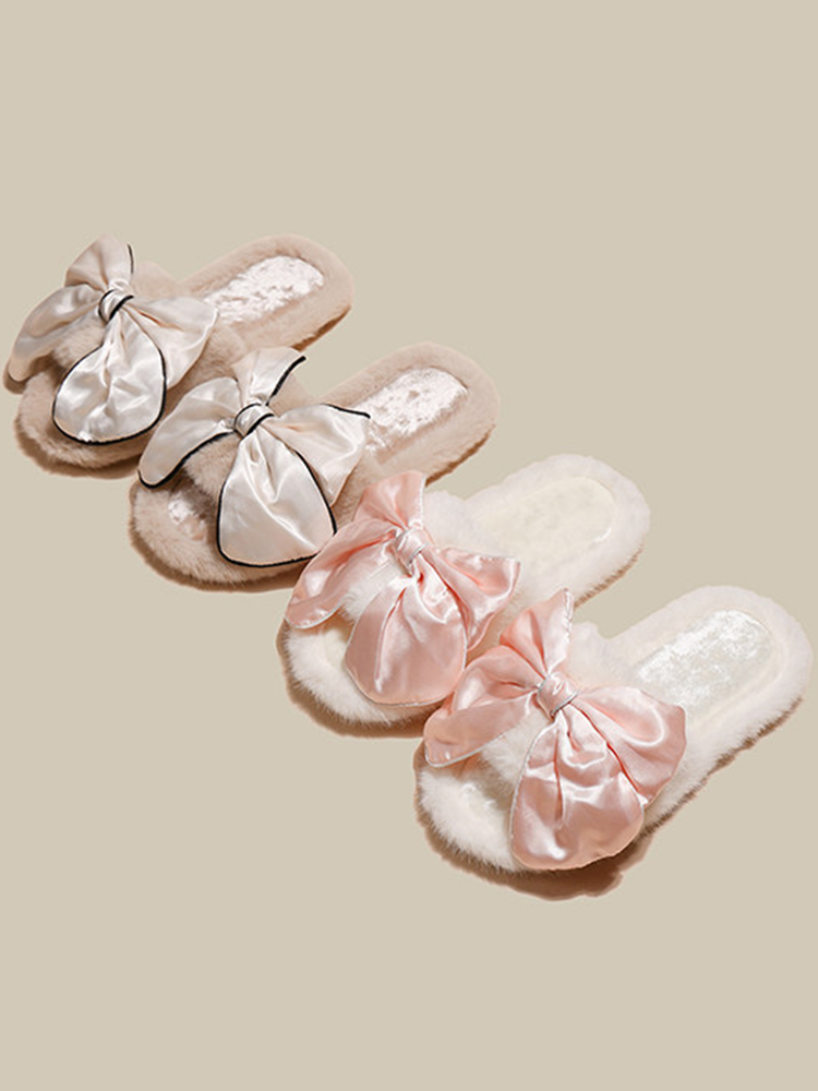 Cute Bow Fuzzy House Slippers Winter Soft Sole Non Slip Warm