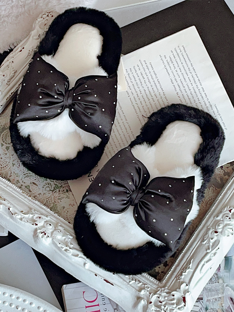 French Elegant Bow Fuzzy House Slippers Winter Soft Sole Non Slip Warm