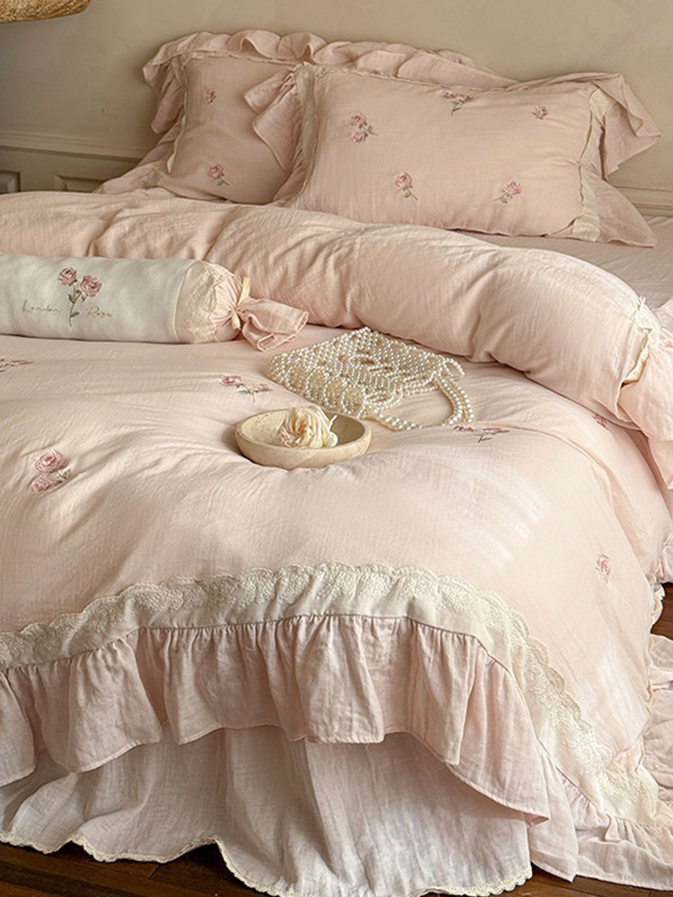 French Princess Bedding Set Double Layer Cotton Gauze Flat Sheet Bed Skirt