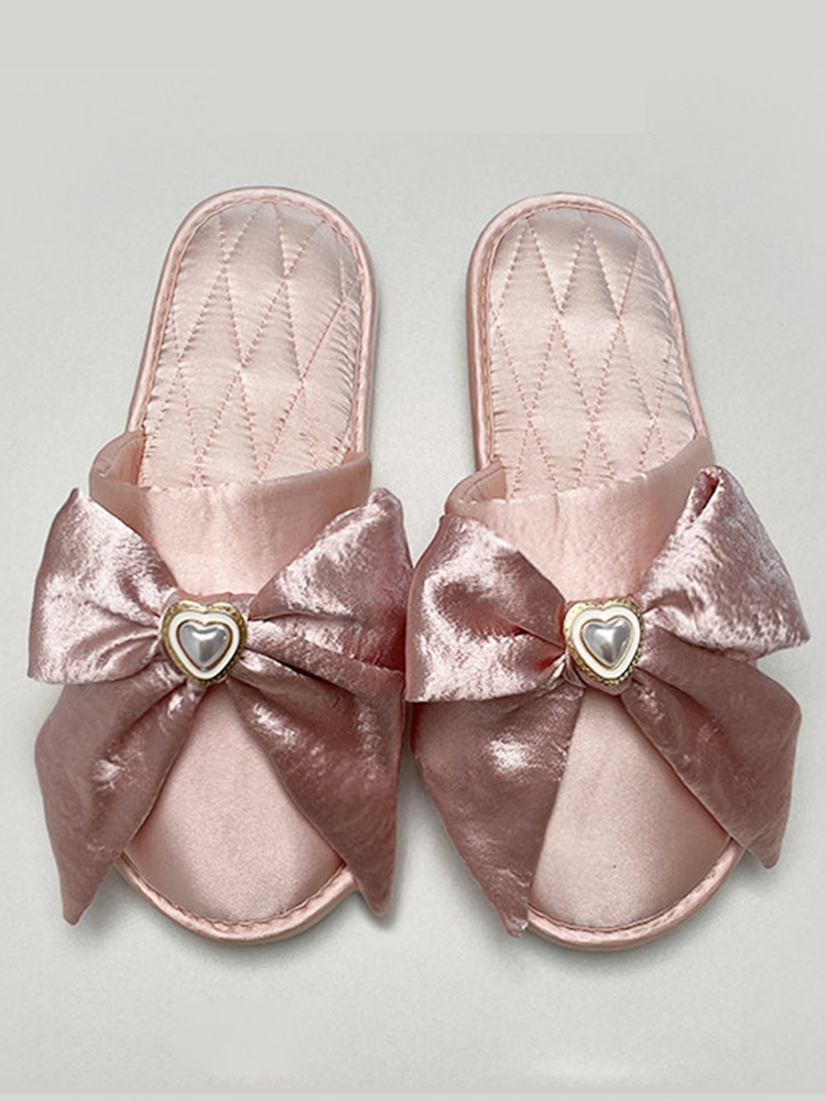 Luxury Rhinestone Bow Satin Closed-Toe House Slippers