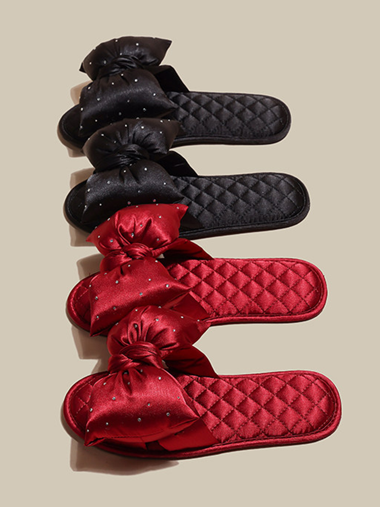 Cute Satin Bow House Slippers Soft Sole Non Slip Indoor