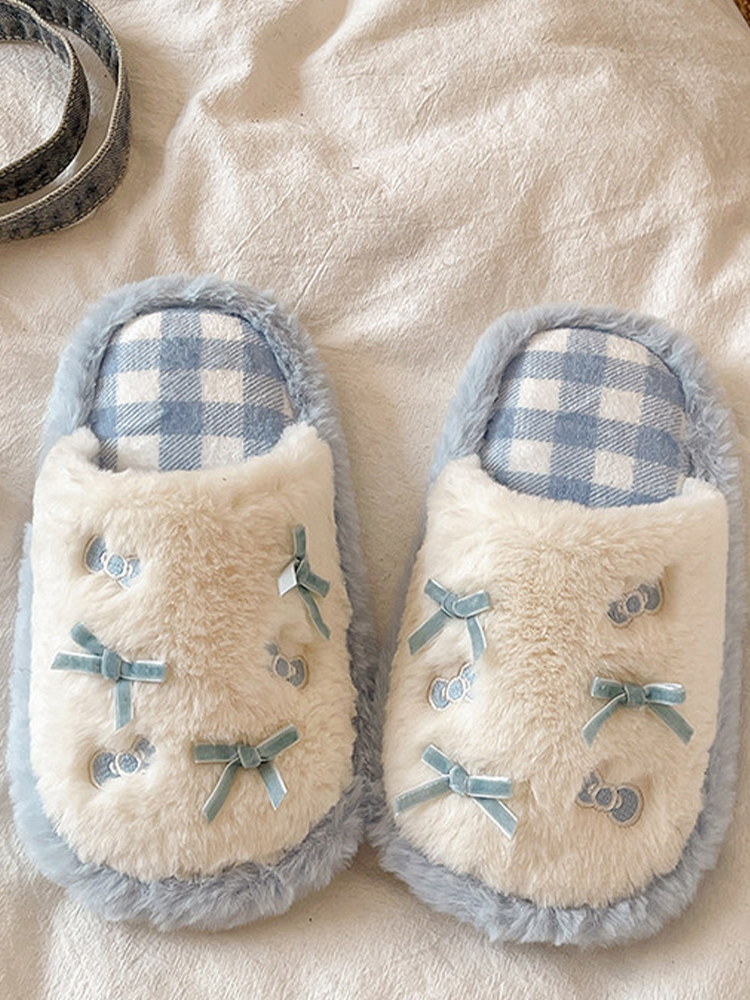 Cute Bow Plaid Closed-Toe Fuzzy House Slippers Winter Non Slip Warm