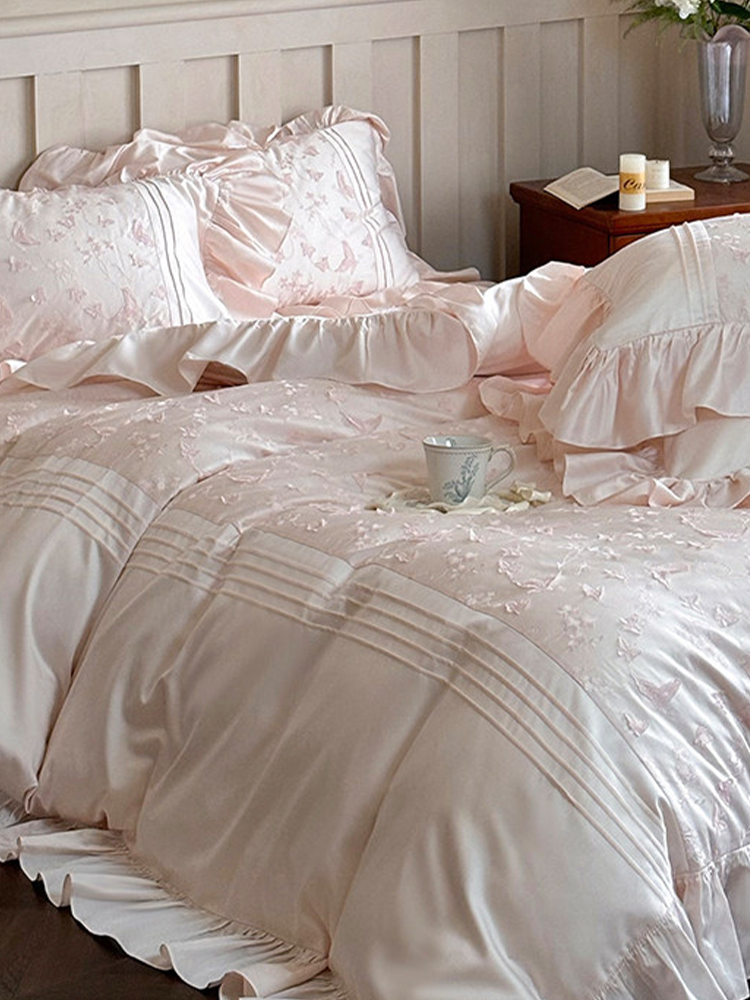 French Sweet Tencel Cotton Blend Bedding Set Butterfly Embroidered Flat Sheet