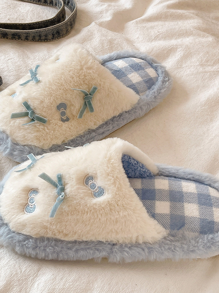 Cute Bow Plaid Closed-Toe Fuzzy House Slippers Winter Non Slip Warm