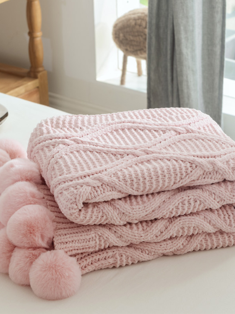 Minimalist Knitted Pom Pom Throw Blanket