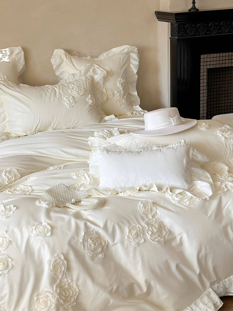 French Romantic Cotton Bedding Set 3D Floral Princess Lace Flat Sheet