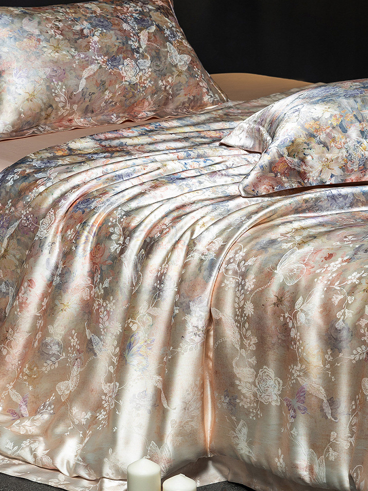 Luxury Jacquard Bedding Set Mulberry Silk Tencel Cotton Blend Flat Sheet