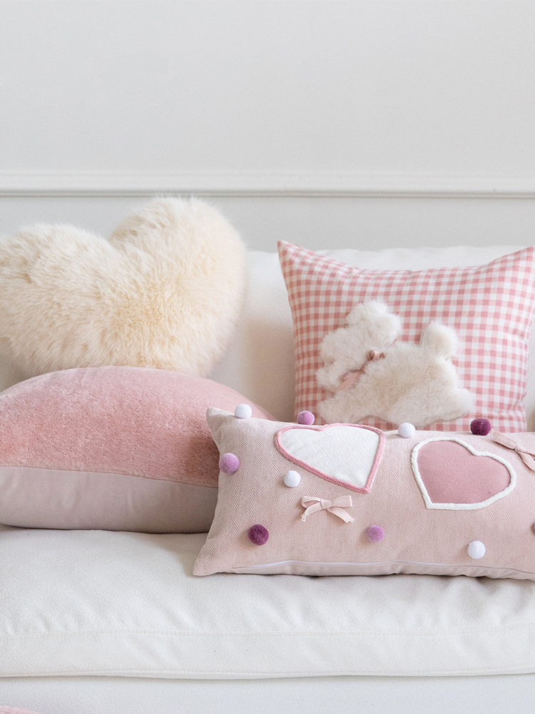 Pink Heart Lumbar Pillow Cute Accent for Sofa