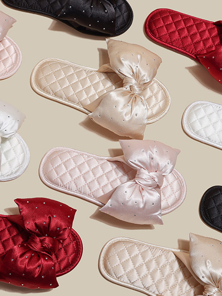 Cute Satin Bow House Slippers Soft Sole Non Slip Indoor